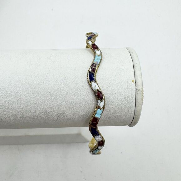 Vintage Enamel Bangle Bracelet Wavy Design Red Blue White Bohemian - Picture 2 of 9